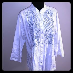 Blue Bayou White Top With Blue Embroidery Size L